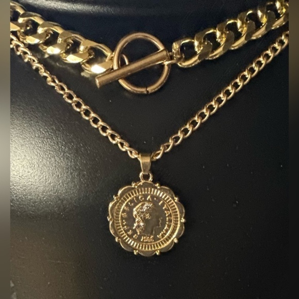 Anthropologie Trendy Thick Gold Layered Chain Coin Necklace